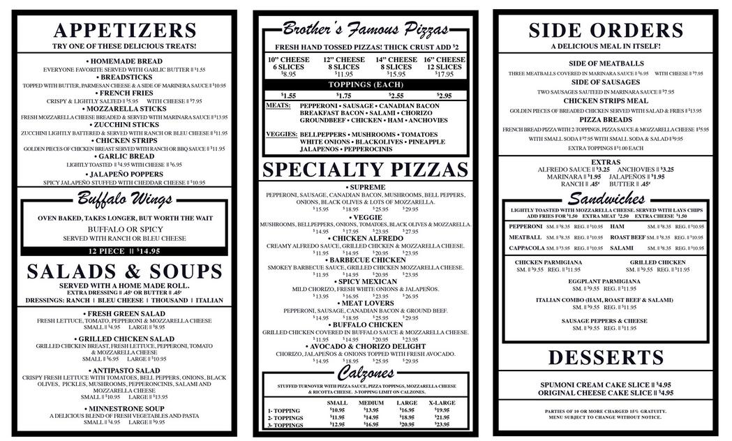 Menu for shop brothers pizza