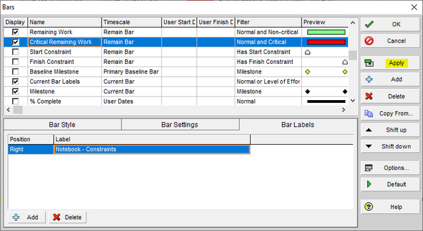 Use Primavera P6 bars menu to apply