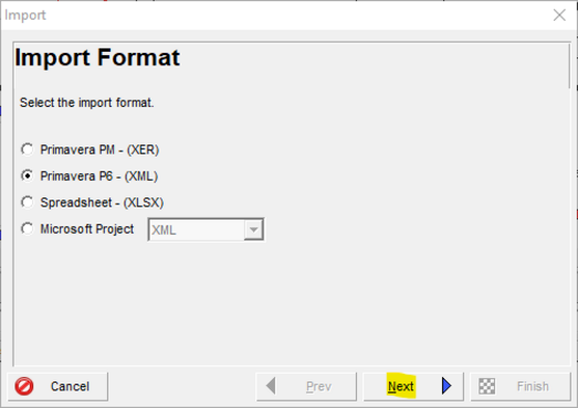 Primavera P6 import format is XML