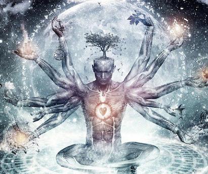 Abstract image of 8-Clair senses - man shown sitting cross legged with 8-arms extended each connecting to the Cosmic Universe's Energy that is shown behind him.