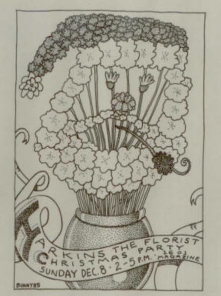 A hand-drawn cartoon of a Santa-shaped flower arrangement next to a harkins, the florist banner