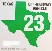 Texas 2023 OHV Permit for Pickup Only!