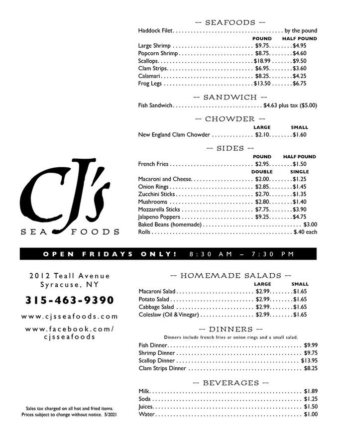 A wide variety of seafood treats available at CJ’s Seafoods, a favorite Syracuse fish fry.