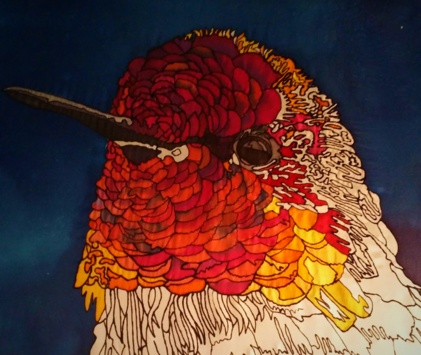 Tracy Harris silk Painting, Hummingbird, Black Resist silk Painting