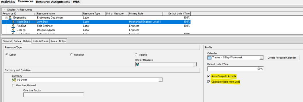 Auto compute actuals in Primavera P6 resource