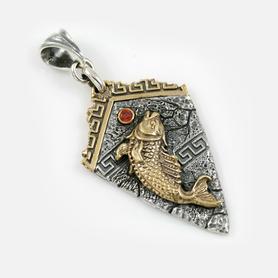 Atlantis Charm Sterling Silver Pendant w/Red Garnet & Golden Fish Greek Pattern