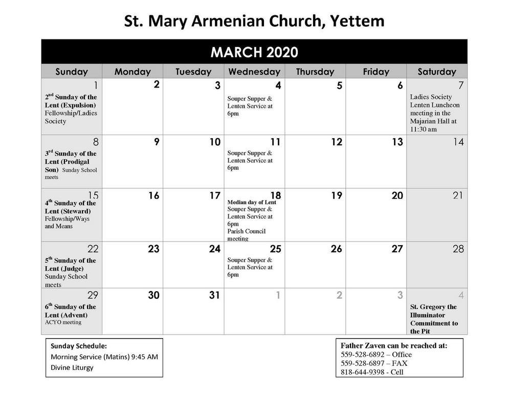 Monthly Calendar of St. Mary Armenian Church of Yettem, California
