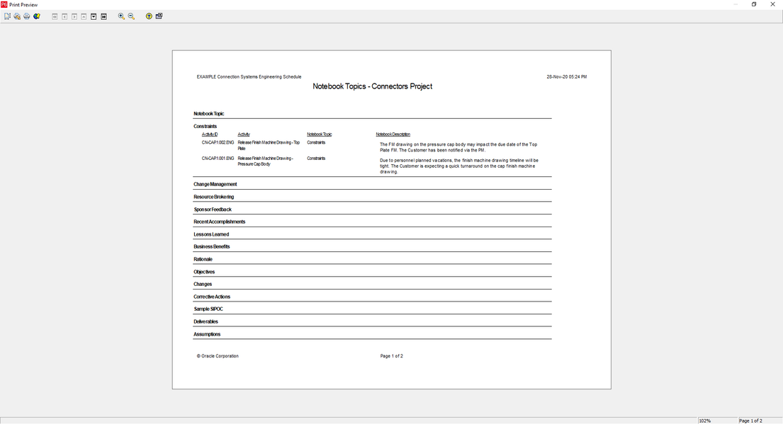 Primavera P6 notebook topics in report wizard