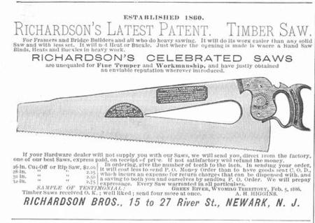 Old ad for a traditional timber hand saw from Richardson Bros.