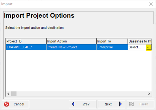 Select ellipses for import project options in Primavera P6