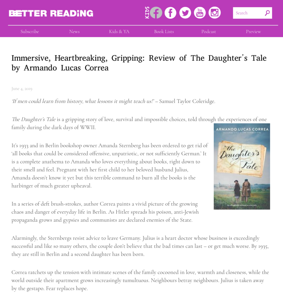 THE DAUGHTER'S TALE, BESTSELLER, AUSTRALIA, HOLOCAUST, BOOK, HISTORICAL FICTION, BOOK REVIEW