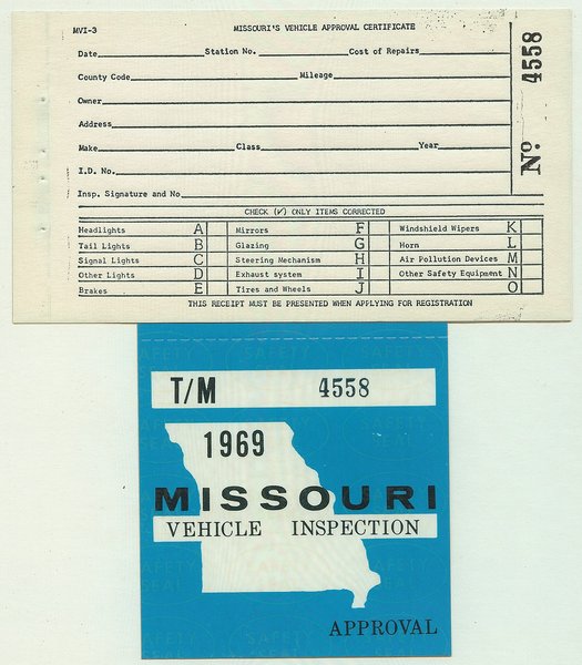 Missouri 1969 Vehicle Inspection Decal 4558 Kansas License Plates