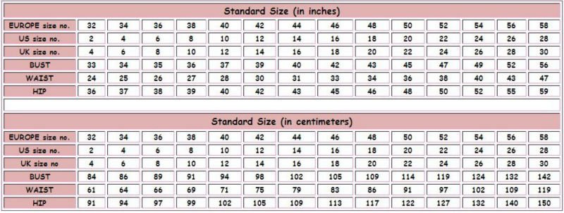 Heritage Dress Size Chart