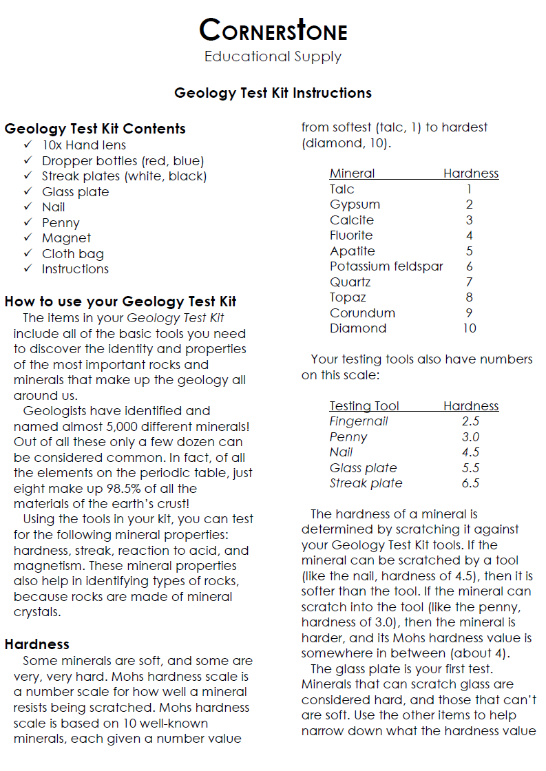 Cornerstone Geology Testing Kit Cornerstone Educational Supply