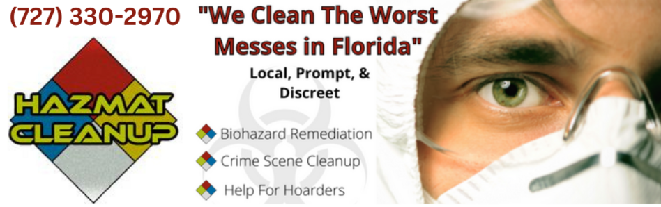 Our hazmat cleaning technician with our Hazmat Cleanup, LLC logo and phone number for crime scene cleaning services in Florida