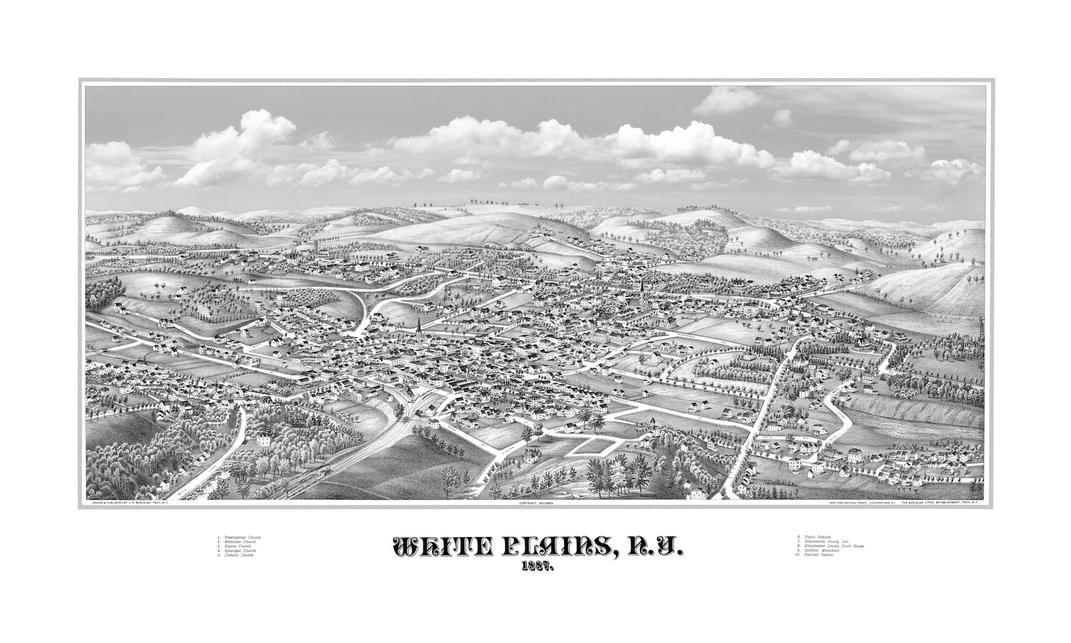 White Plains N.Y. 1887 Bird's Eye View - Restored Fine Art Prints - New York Archival Prints Cooperstown N.Y.