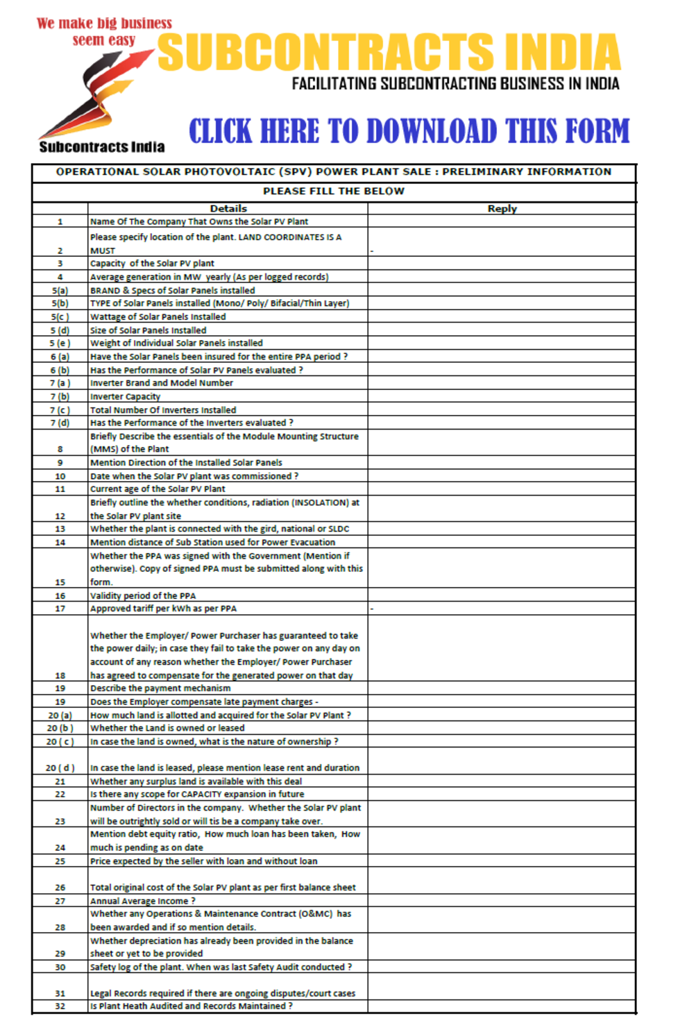 solar pv plant sale preliminary information worksheet