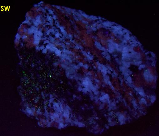 fluorescent SCAPOLITE and PLAGIOCLASE Albite-Anorthite, BIOTITE mica, CORUNDUM Sapphire - York River area, Dungannon Township, Hastings Co., Ontario, Canada