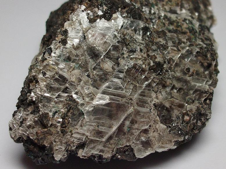 GYPSUM, MAGNETITE, fluorescent CALCITE, MALACHITE - Sterling Mine, Sterling Hill, Ogdensburg, Franklin Mining District, Sussex County, New Jersey, USA