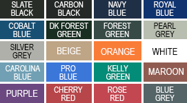 10oz VCP windscreen color chart: black, charcoal, light gray, tan, kelly green, forest green, navy, royal, maroon, purple, white, carolina blue, brown, red, orange