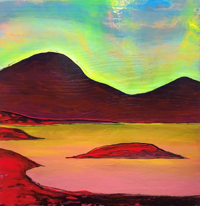 Pink Island 2019. The neon series. 43,5x42,5cm. Acrylic on repurposed wood. The neon landscapes by Orfhlaith Egan, Berlin and Cornamona.