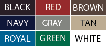 color chart: black, navy, royal, red, gray, green, brown, tan, white