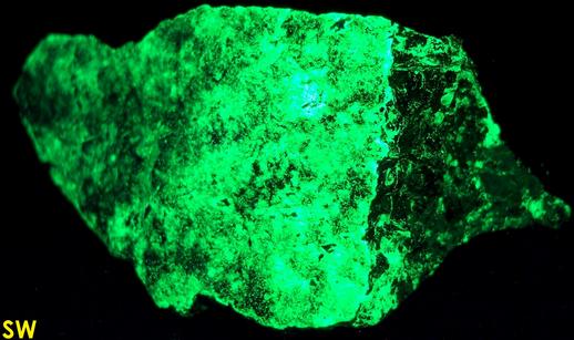 phosphorescent fluorescent WILLEMITE, ZINCITE, FRANKLINITE, CALCITE,Sterling Mine, Sterling Hill, Ogdensburg, Franklin Mining District, Sussex County, New Jersey, USA