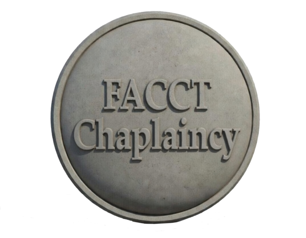 The words FACCT Chaplaincy on a round stone image.