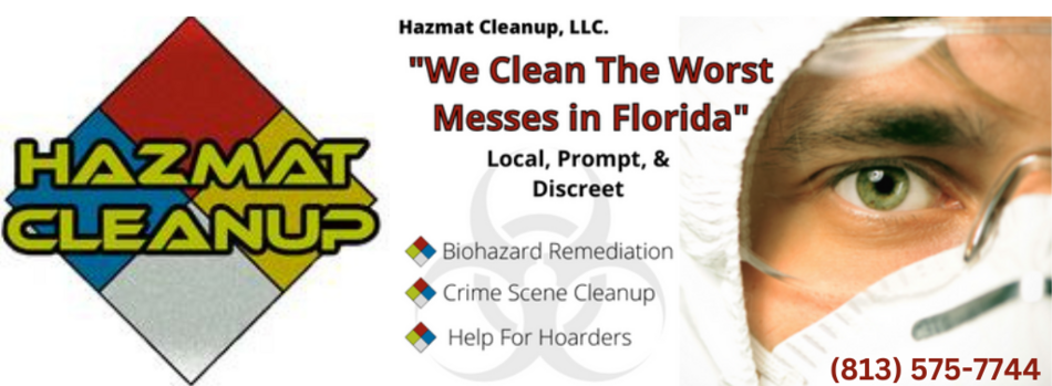 Hazmat cleaner technician in Tampa, FL with our Hazmat Cleanup, LLC logo and phone number.
