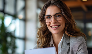 Image of a business woman in an office holding a report