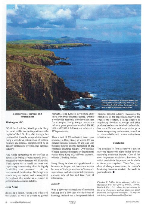 Article written by Maryland Tax Attorney Charles Dillon - Captive Insurance Domiciles: the World is Your Audience pg. 4