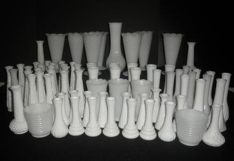 Rent Your Event, LLC in Mint Hill, NC has 105 pieces of matching vintage milk glass vases for rent in various sizes.