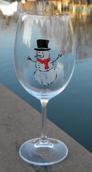 Snowman painted on wine glasses on sale