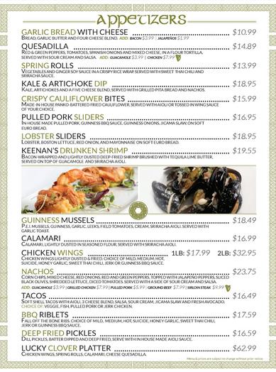 Keenan's Irish Pub Appetizers Menu