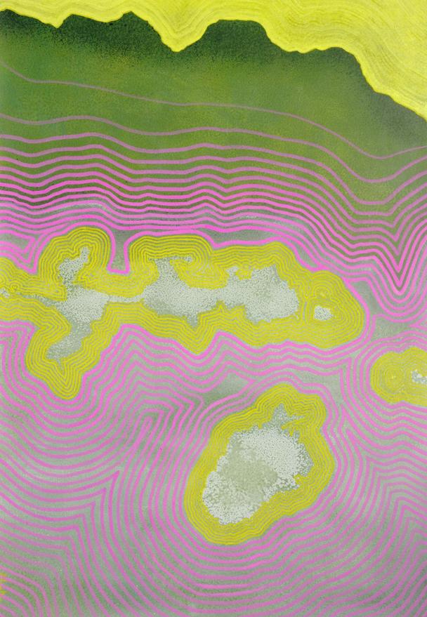Lucent Field by Orfhlaith Egan - contemporary abstract landscape with topographic lines in green, pink and yellow