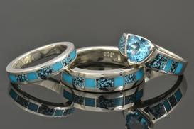Turquoise inlay wedding rings and engagement ring by Hileman
