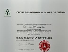 Diplome Ordre Des Denturologistes Du Québec Christine St-Pierre Denturologiste Brossard-Laprairie