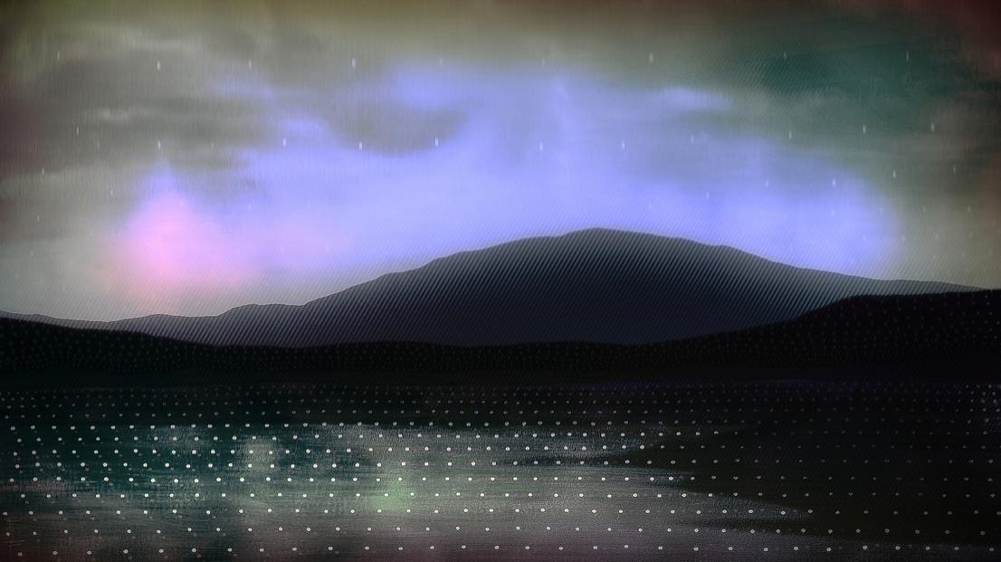 Moonshine by Orfhlaith Egan — digital landscape artwork featuring a glowing night sky, mountain silhouette, and reflective water, a part of the Art on Tezos #UniqueIngredients Exhibition Berlin 6-9 November 2025.