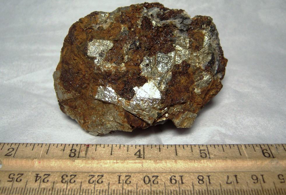golden PYRITE and brown GARNET, MAGNETITE, CALCITE - Sulphur Hill Mine (Sulfur Hill Mine), Andover Township, Sussex County, New Jersey, USA