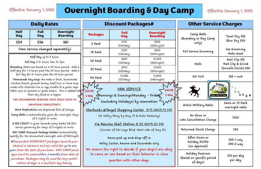 Boarding & Day Camp Rates & Services