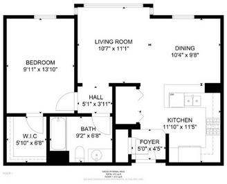 Layout of Condominium. Bedroom, then living room, then dining room on top. Walk in closet, bathroom, foyer and kitchen on bottom. Hallway between bedroom and bath and living room.