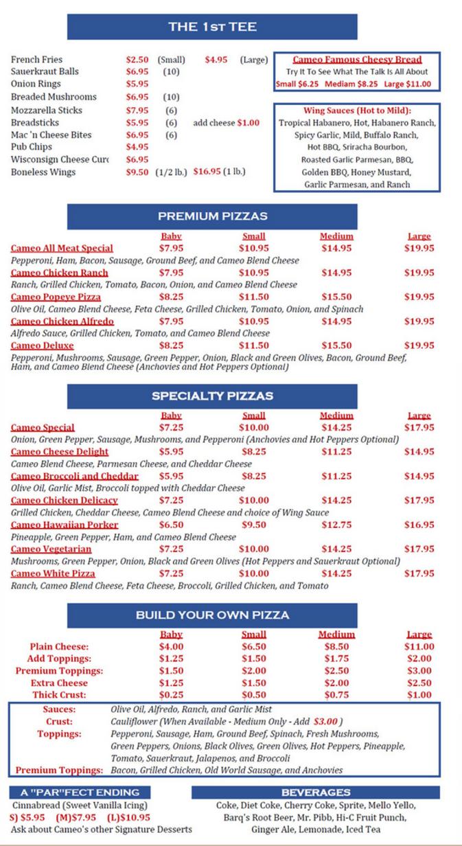 Menu Cameo At The Creek, Eagle Creek Golf Course, Norwalk, OH