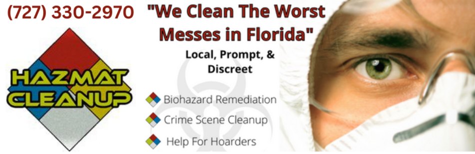 Biohazard Cleanup Services in Pinellas County, FL Hazmat cleanup technician and Hazmat Cleanup, LLC logo with phone number.