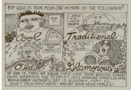 A hand-drawn cartoon of four types of moms: cool, traditional, old, and glamorous, and expressing that any would like flowers from harkins