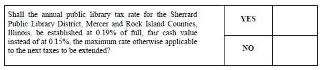 Shall the annual public library tax rate for the Sherrard Public Library District, Mercer and Rock Island Counties, Illinois, be established at 0.19% of full, fair cash value instead of at 0.15%, the maximum rate otherwise applicable to the next taxes to be extended?