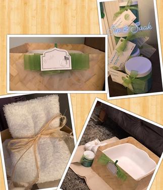 Collage image of a Sip and Soak delivery box featuring various angles and contents