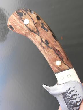 DIY Leaf spring knife with metal etched flames and a handle made from firewood. FREE step by step instructions. www.DIYeasycrafts.com