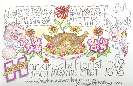 A hand-drawn color cartoon of Vic and Nat'ly surrounded by flowers and a turkey, giving thanks for their roof and the flowers