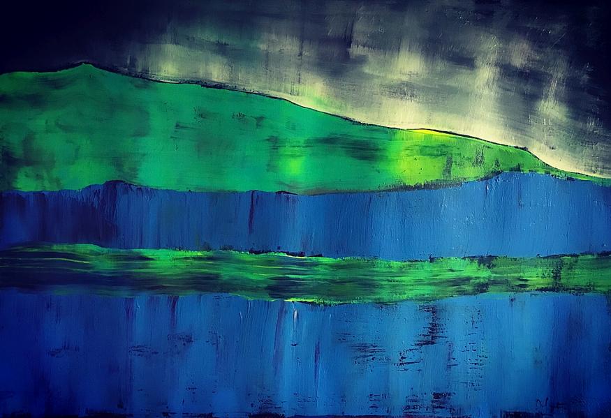 Dooras Peninsula by Orfhlaith Egan. Contemporary abstract expressionist landscape painting. Green and Blue. Galway and Berlin.