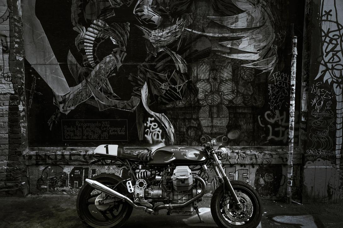 street art motorcycle cafe racer moto guzzi san francisco clarion alley